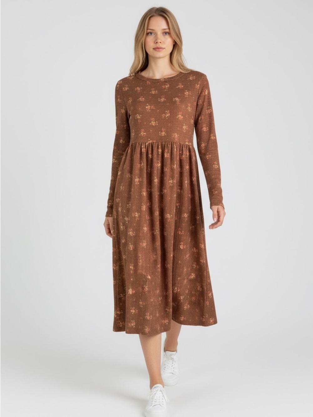Velvet Torch Brown Ditsy Floral Long Sleeve Midi Dress Size S